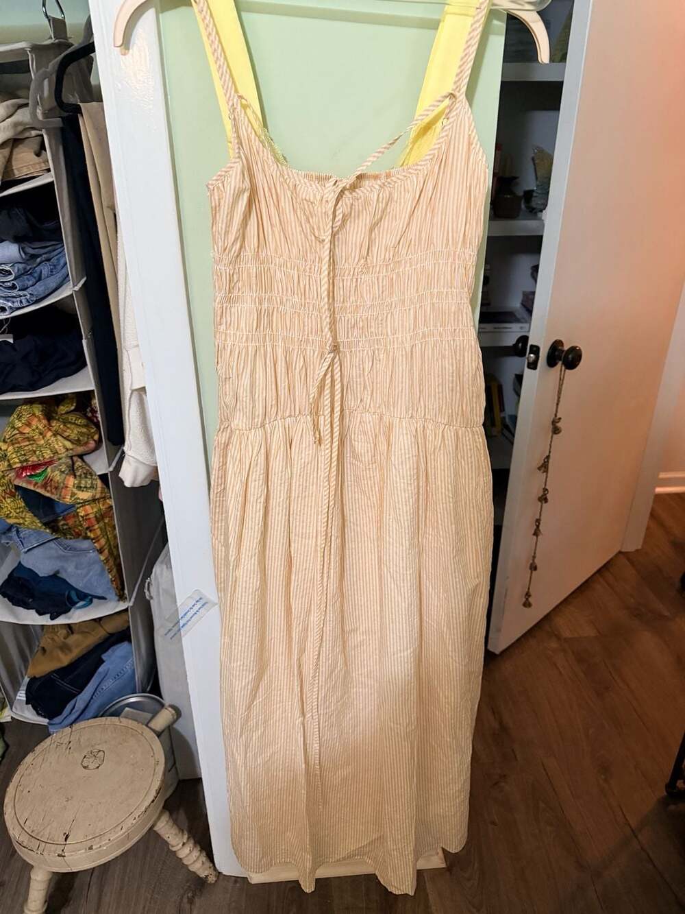 Elan Yellow and White Striped Smocked Tiered Midi Dress